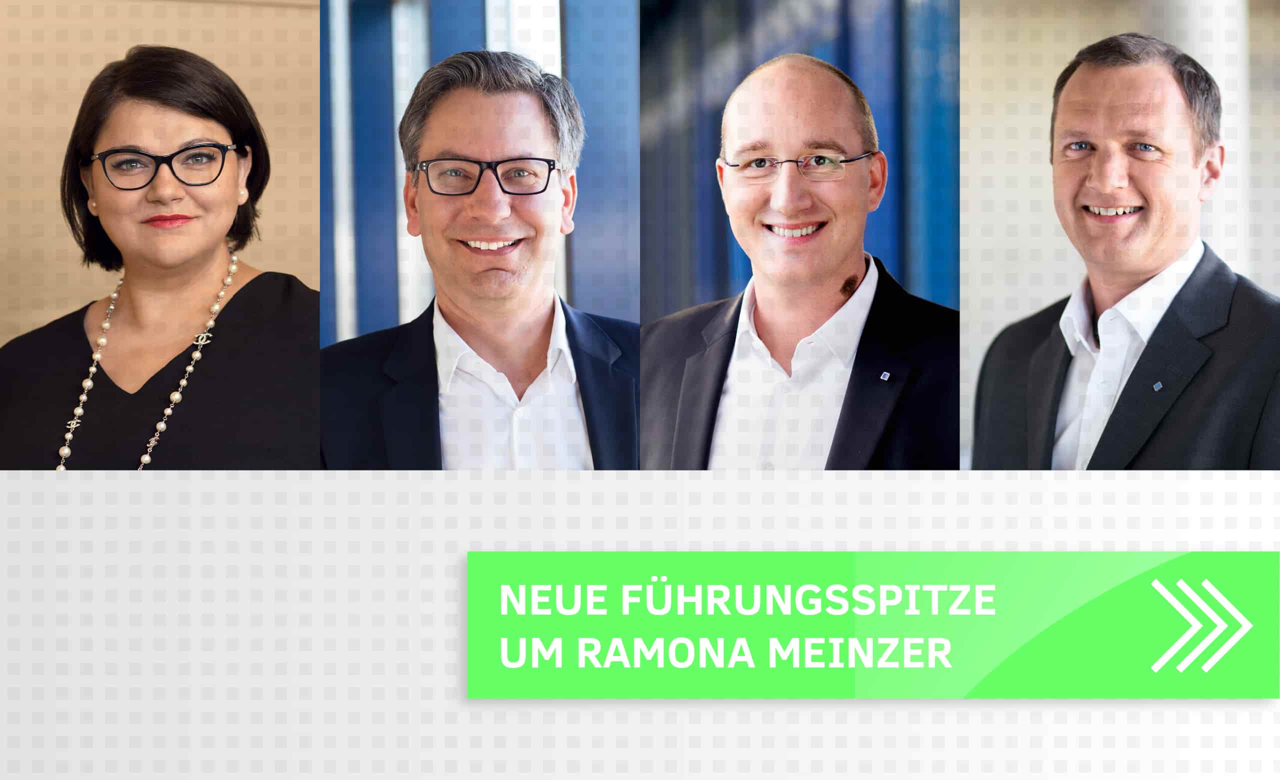 Auf dem Slide sind Bilder der neue Führungsspitze von Aumüller mit dem Text:"Neue Führungsspitze um Ramona Meinzer" zu sehen