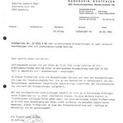 Das Bild zeigt ein Dokument von 1992 das bestätigt dass Aumueller Fensterantriebe brandgeprüft sind