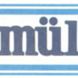 Auf dem Bild ist das AUMUELLER Logo von 1980 bis 2000 zu sehen "aumüller" dunkelblau und klein in einem hellblauen Oval