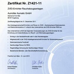 das Bild zeigt ein zertifikat für Aumüller für ZVEI-Errichter Rauchabzugsanlagen (RWA-Anlagen)