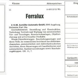 Das Bild zeigt ein Dokument zur Anmeldung der Marke Ferralux aus dem Jahr 1989
