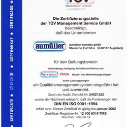 Das Bild zeigt ein TÜV Zertifikat von 1999 für AUMUELLER für ein Qualitätsmanagement zu Ferralux RWA Rauch und Wärmeabzugsanlagen