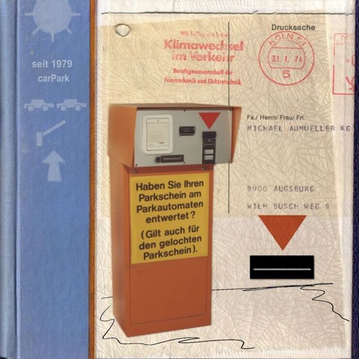 Die Collage zeigt den Text seit 1979 carPark neben einem Parkscheinautomat aus dem AUMUELLER Carpark von 1979