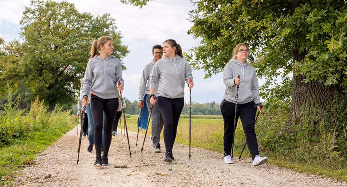 Das Bild zeigt eine Gruppe von Personen beim Nordic Walking