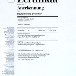 Das Bild zeigt Die VdS-Zulassung der RWA-Zentralen von AUMUELLER aus dem Jahr 2005