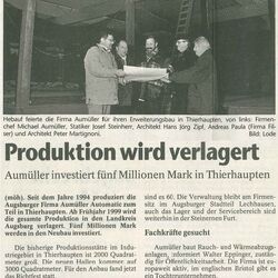 Das Bild zeigt ein AUMUELLER Anzeige zum Bau einer neuen Anlage und der Verlagerung der Produktion nach Thierhaupten aus dem Jahr 1999